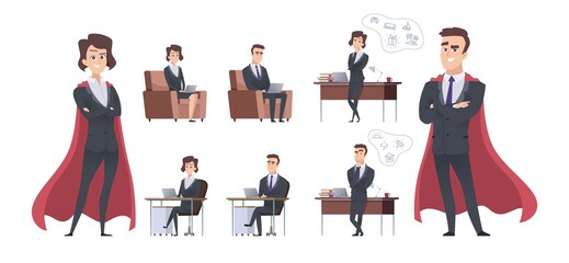 Male female business characters. Different office situation, manager superhero or team leader. Leadership and creating new ideas vector illustration. Character female and male superhero in office