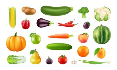 Realistic fruits vegetables. Big harvest clipart, isolated fresh farm market food elements. Pumpkin apple pepper cabbage vector illustration. Collection fruit s and vegetables, vegetarian food