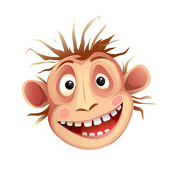 Monkey chimp head, crazy mimicking facial expression. Funky chimpanzee animal head mascot isolated on white, vector cartoon for kids.