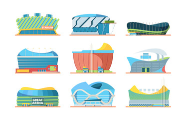 Stadium exterior. Sport building arena entrance for soccer vector flat pictures of public stadium. Illustration of collection stadium arena building for sport events © ONYXprj
