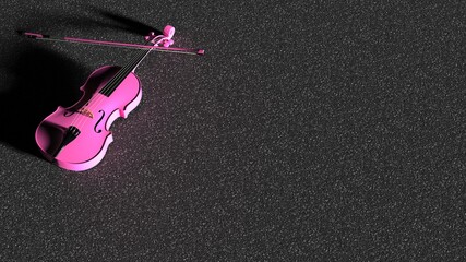 Pink classic violin on an asphalt-surfaced road under spot lighting background. 3D sketch design and illustration. 3D high quality rendering.