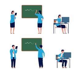 Teacher activities. Male female professors, flat college or school lectors. Persons writing on chalkboard, working with computer vector illustration. Teacher education at school or university