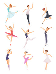 Fototapeta premium Ballet boys and girls. Ballet dancers male and female vector characters isolated. Girl and boy ballet dance, illustration dancer cartoon performance