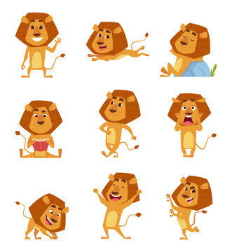 Wild lion cartoon. Cute african big lions mascot in various poses walking standing jumping relaxing vector characters. Lion predator happiness and brave illustration