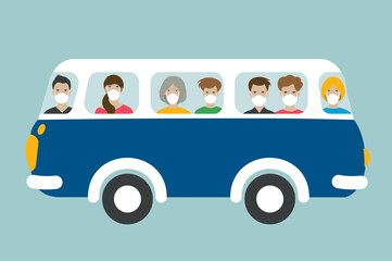 People in public transport, bus, protecting from covid 19, corona, by wearing medical masks during a virus pandemic.