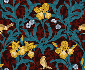 Vintage floral seamless pattern with yellow iris and birds on burgundy background. Vector illustration. - 383010995