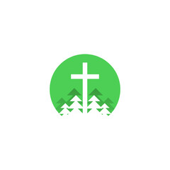 a cross logo inside a circle with trees