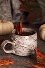 Autumn tea with cinnamon. Tea in the autumn scene. Autumn leaves and pumpkins