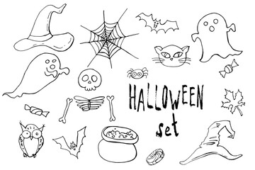 Happy halloween cartoon doodle set. Greeting card. Vector stock collection. Cute carachters with lettering. Holiday party  background. Hand drawn design elements. For postcards, greetings, logo.  - 383011921