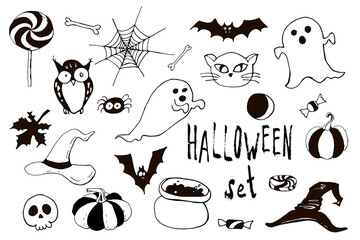 Happy halloween cartoon doodle set. Greeting card. Vector stock collection. Cute carachters with lettering. Holiday party  background. Hand drawn design elements. For postcards, greetings, logo.  - 383012100