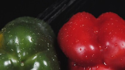 Yellow pepper, red pepper and green pepper on black background. Water is pouring down on the pepper in slow motion. Tricks with food. Water is splashing on vegetables. - Powered by Adobe