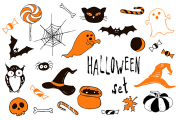 Happy halloween cartoon doodle set. Greeting card. Vector stock collection. Cute carachters with lettering. Holiday night party background. Hand drawn design elements. For postcards, greetings, logo.  - 383012326
