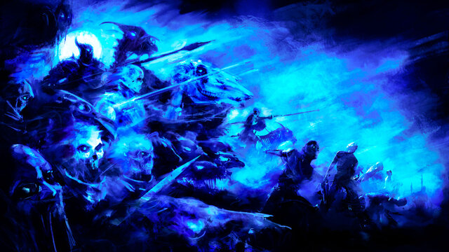 An army of undead on ghostly horses in broken armor rushes forward into battle, knights, zombies, swordsmen and cavalry move in a single stream of undead. 2D illustration.