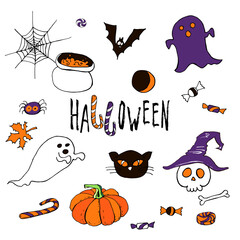 Happy halloween cartoon doodle collecti. Greeting card. Vector stock set. Cute carachters with lettering. Holiday party  background. Hand drawn design elements. For postcards, greetings, logo.  - 383012516