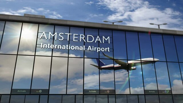 Jet aircraft landing at Amsterdam Schiphol, Nederlands, Holland 3D rendering animation. Arrival in the city with the glass airport terminal and reflection of plane. Travel, business, tourism concept.