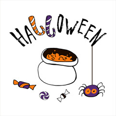 Happy halloween cartoon doodle  greeting card. Vector stock illustration. Cute carachters with lettering. Holiday party  background. Hand drawn design elements. For postcards, greetings, logo. - 383012701