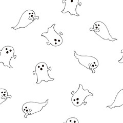 Happy halloween ghost cartoon doodle  seamless texture pattern . Cute ghost carachters. Holiday party  background. Hand drawn design elements. For postcards, greetings, logo. Vector stock.  - 383012923