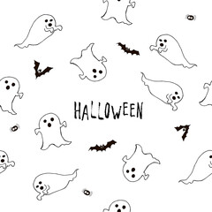Happy halloween ghost cartoon doodle  seamless texture. Vector stock pattern. Cute ghost carachters. Holiday party  background. Hand drawn design elements. For postcards, greetings, logo. - 383012987