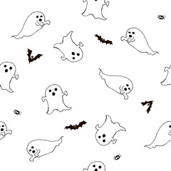 Happy halloween ghost cartoon doodle  seamless pattern. Vector stock texture. Cute ghost carachters. Holiday party  background. Hand drawn design elements. For postcards, greetings, logo. - 383013130