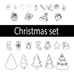 Hand drawn doodle elements for Christmas design. Christmas banner black and white cartoon elements.
