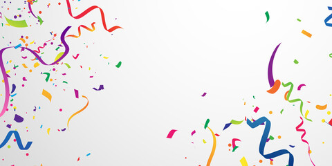 confetti and colorful ribbons. Celebration background template with