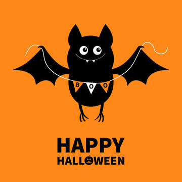 Happy Halloween. Flying bat holding bunting flag Boo. Scary black animal. Cute cartoon kawaii spooky character. Smiling face, wings. Orange background Greeting card. Flat design.