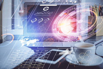 Double exposure of desktop with personal computer on background and tech theme drawing. Concept of data analysis.