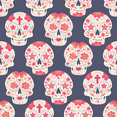 Nahtloses Muster. Calavera-Schädel, Zuckerschädel für den mexikanischen Tag der Toten, Tag der Toten Illustration mit traditioneller mexikanischer Schädeldekoration. Hintergrund