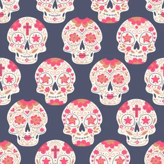 Papier Peint photo Crâne Modèle sans couture. Crânes de Calavera, crânes de sucre pour le jour des morts mexicain, illustration du jour des morts avec décoration traditionnelle de crânes mexicains. Fond