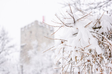 Brunico under a heavy snowfall. Scent of snow. Italy