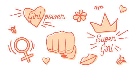 Vector set of badges and stickers. Girl power, Super Girl. Feminist quotes. Fashionable illustration for printing t-shirts or banner.
