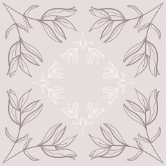 Vector Peony Leaves Line Art Tiles in Soft Brown seamless pattern background.