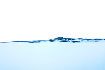 Light blue water wave with air bubbles and a little bit splashed underwater, studio shot isolated on white background. The abstract clean surface on liquid