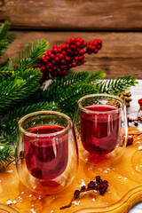 New Year Festive berries liqueur or tincture as ingredient for preparation alcohol cocktail