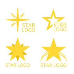 Flat yellow stars, logo template set. Abstract simple design for logotype business company. Collection different icons, star shape brand pictogram. Symbol success Isolated on white vector illustration