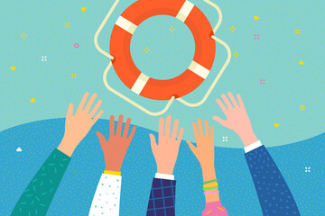 Obraz premium Concept of Help. Helping Business survive. Hands catch a lifebuoy. Getting lifebuoy for help, support, and survival.