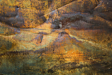 Ð•exture of rusty iron, cracked paint on an old metallic surface, sheet of rusty metal with cracked and flaky paint, abstract rusty metal texture. Horizontal