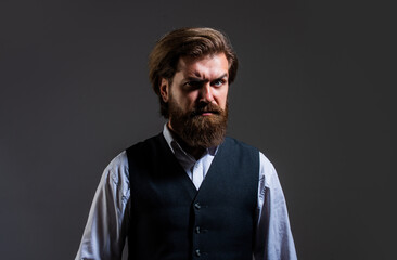 being so serious. handsome man wear office suit. male beauty and fashion. brutal businessman with perfect beard and moustache. real boss in vest. mature bearded man. confidence and charisma