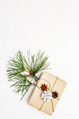 New Year or Christmas gifts with pine branches and cones as Zero waste concept