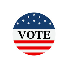 Round VOTE sign badge with American flag stars and stripes pattern in blue red white colors. Presidential election campaign slogan