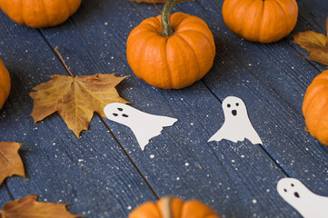 Halloween decorations on pastel gray background. Halloween concept. Flat lay, top view, copy space