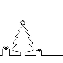 Regalos de Navidad. Logotipo lineal árbol de navidad con caja de regalo en una sola línea en color negro © teracreonte
