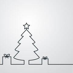 Regalos de Navidad. Logotipo lineal árbol de navidad con caja de regalo en una sola línea en fondo gris © teracreonte