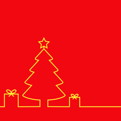 Fototapeta na wymiar Regalos de Navidad. Logotipo lineal árbol de navidad con caja de regalo en una sola línea en fondo rojo