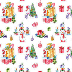Holiday pattern with gifts, snowmen and a Christmas tree. 