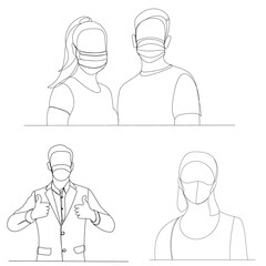 vector, isolated, one continuous line drawing of people wearing medical masks