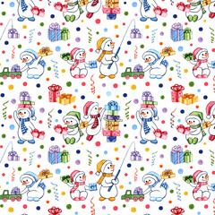 Colorful pattern with snowmen and gifts. Watercolor drawing