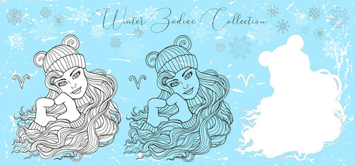 Doodle set with aries zodiac symbol. Girl wearing mittens showing heart sign against snowy background. Vector hand drawn winter illustration, line art design element, esoteric and mystic background