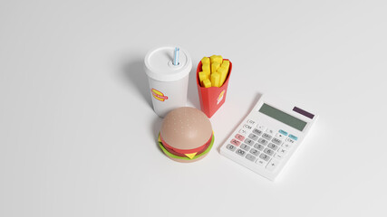 3DCG rendering photo-realistic illustration of a toy hamburger set and a calculator on a flat surface.