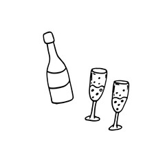 Doodle champagne bottles and wine glasses. Image for web, print, holiday posters and cards. Christmas and New Year.